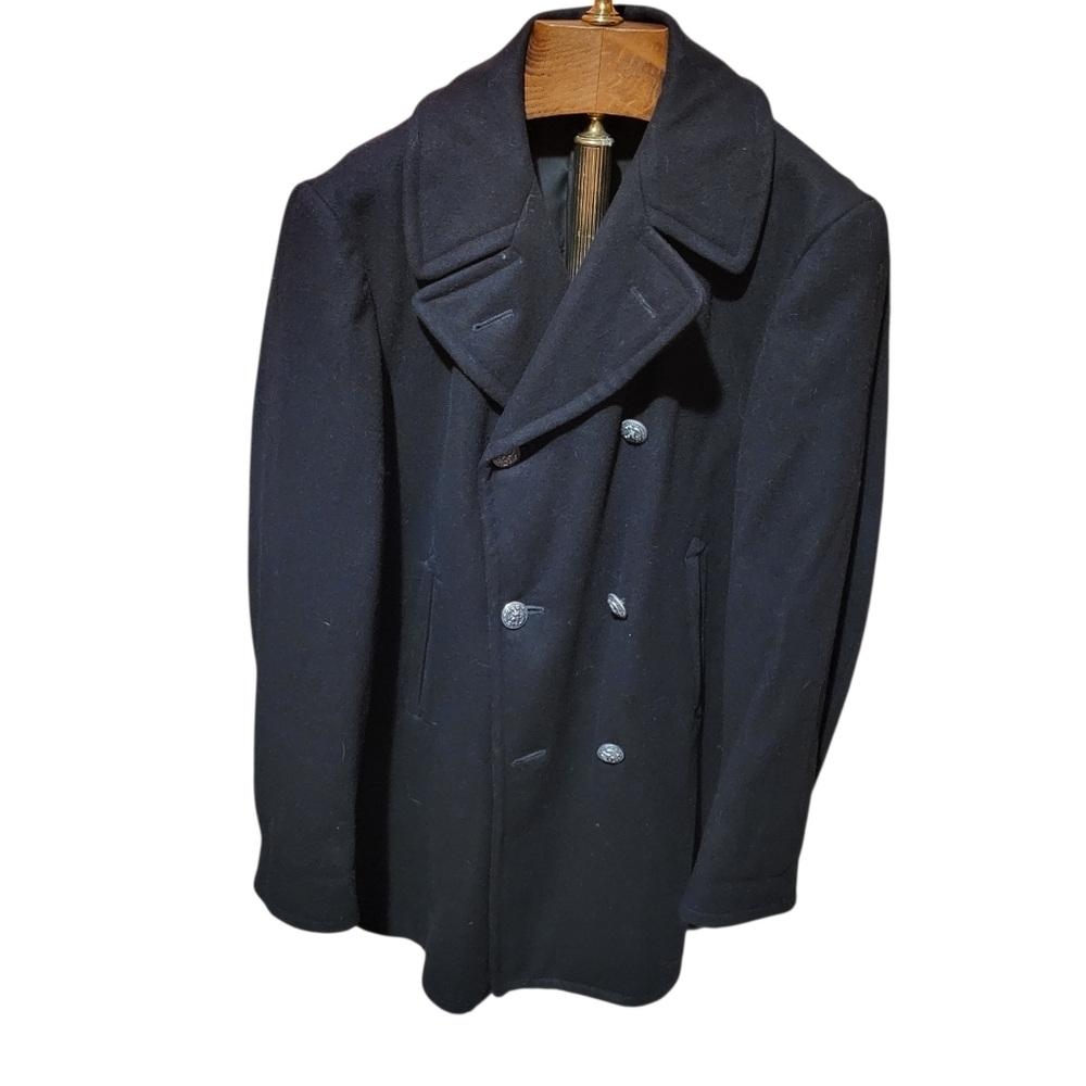 Vintage Navy Naval Navy Blue Wool Pea Coat Size 38L **Missing one button**